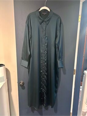 Eloquii Dark Teal Satin Button-Up Shirt Dress